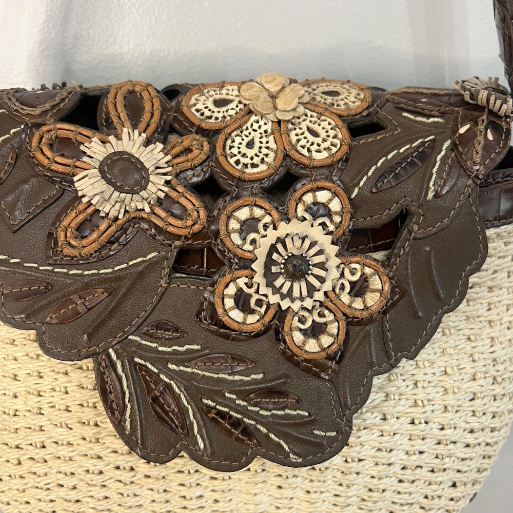 Brighton Cassia Nat Leather 3D Floral Handbag Shoulder Purse Ivory Brown Charms - Picture 3 of 11